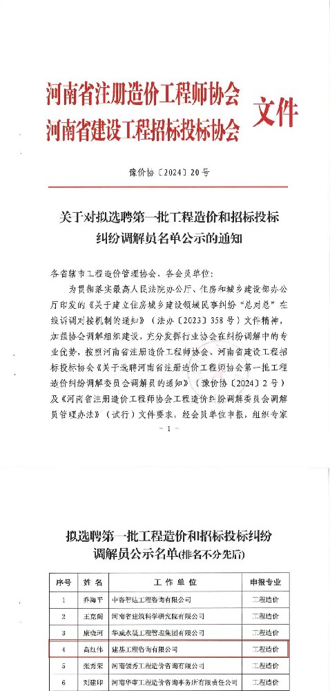 热烈祝贺公司第一总经理荣耀入选河南省“第一批工程造价和招标投标纠纷调解员”